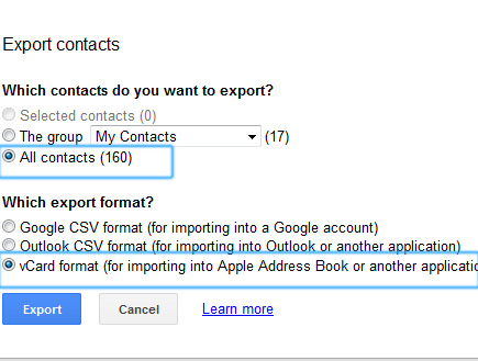 Export Contacts via Vcard